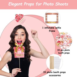 VEGCOO 18th Birthday Decorations, Inflatable Photo Booth Frame 18th Birthday Gifts for Girls, 33 Pcs Different Rose Gold Photo Booth Props Birthday Decoration for Girls
