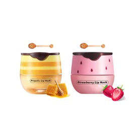 Honey+Strawberry Balm Lip Mask Set, Moisturizing Lip Care With Natural Oils for Day & Night, Repair Honey Bee Lips Balm Reduce Lip Lines & Wrinkle
