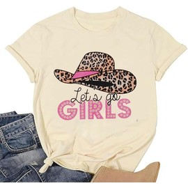 Cowgirl Shirt for Women Let's Go Girls Letter Print T Shirts Casual Western Cowboy Leopard Hat Graphic Tee, Apricot, XL