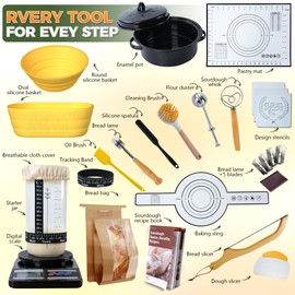 Sourdough Bread Baking Supplies 34 oz Sourdough Starter kit with Pot, 2 Silicone Bread Proofing Baskets, and Bread Making Tools Kit - Yellow