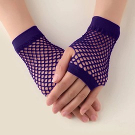 HD Novelty Fingerless Fishnet Gloves Diva Women Black 80s Retro Vintage Nylon Stretchy Mesh Gloves for Kids Girls Dance Disco Costume Parties Supplies Accessories (Purple)