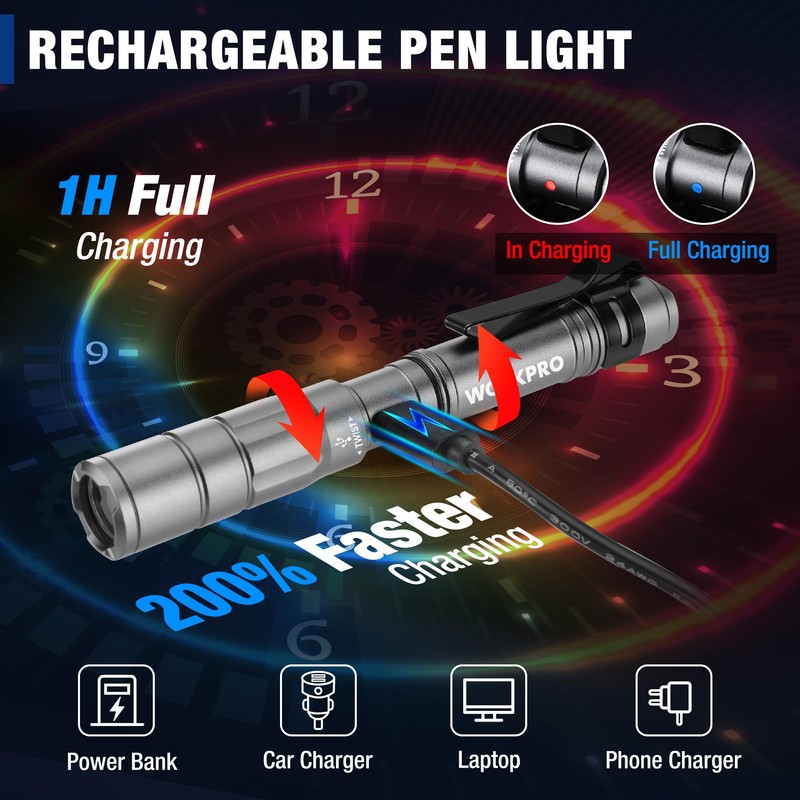 WORKPRO Rechargeable Pen Light, Mini Flashlight, 2 Pack Ultra-Compact EDC