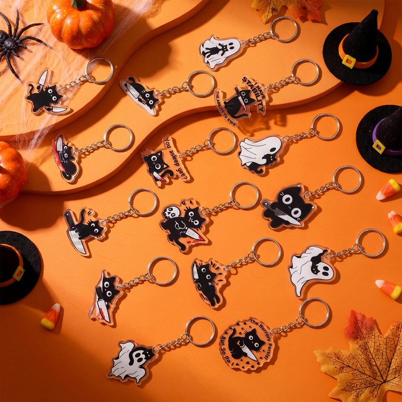 Liliaafar 30 Pcs Halloween Ghost and Black Cat Keychains Bulk