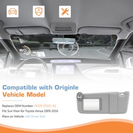 Hurotoms Left Driver Side Sun Visor with Light and Sunroof, Gray Sunvisor for Toyota Venza 2009 2010 2011 2012 2013 2014 2015 2016, Replacement 74320-0T021-A1