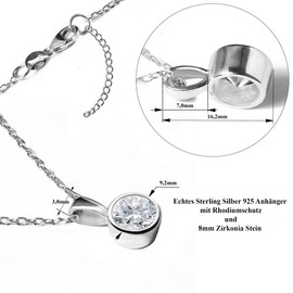 Edellis Women's Necklace 925 Silver Chain with Pendant Radiant 8 mm Zirconia Stone Silver Jewellery Women's Necklace Length: 42 + 3 cm / 45 + 3 cm, Silver, Cubic Zirconia