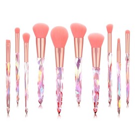 Kingtree Juego de 10 brochas de maquillaje de cristal rosa, base sintética de primera calidad, corrector de polvo, sombra de ojos, kit de brochas de m