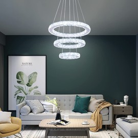 Winretro Modern LED Chandeliers Crystal Chandelier 3 Ring Round Pendant Lighting Adjustable Stainless Steel Ceiling Light Fixture for Living Room Dining Room Bedroom