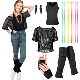 80s 90s Women's Mesh Top, Neon Mesh Shirt Girls, Retro Costume Accessory with Mesh Gloves, Leg Warmers for Theme Party, Carnival, Neon Party, black, XL