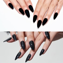 GLAMERMAID Press on Nails Almond 2 Sets,48 PCS Black（Matte & Glossy） False Nails with Design,Glue on Nails for Women,Reusable Acrylic Stick on Nails Tips,Dec-1688#26