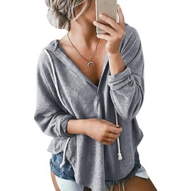 NEKOSI Thin Hoodies for Women Lightweight Long Sleeve V Neck Pullover Tops Light Gray X-Large