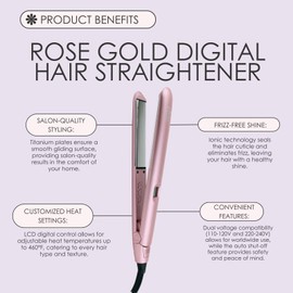 Aria Beauty Digital Hair Straightener, Dual Voltage Flat Iron, Ionic Technology for Frizz Control, one-Inch, Rose Gold, Suitable for All Hair Types