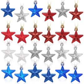24 Pcs Star Hanging Ornaments Set, Independence Day Stars Shaped Mini Tree Ornament for Fourth of July Home Indoor Outdoor Party Decorations, 3 Assort Styles, Silver Blue Red