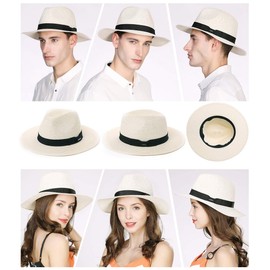 Fancet Packable Straw Fedora Panama Sun Summer Beach Hat Cuban Trilby Men Women 56-67cm, Black, 3X-Large