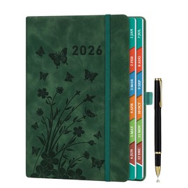 2026 Diary Day per Page, A5 Diary Page a Day January to December, Daily & Monthly Planner with Colorful Monthly Tabs, Floral Design, Elastic Pen Holder, Pen Loop & Inner Pocket, Sea Green.