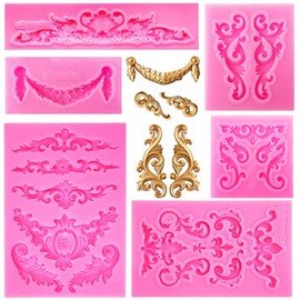Baroque Style Silicone Molds, Curlicues Scroll Lace Fondant Molds, Vintage Relief Flower Mould Filigree 3D Clay Mold for Gummy Sugar Cookie Pastry Chocolate Mold for Clay Cupcake Topper Decor(6Pcs)