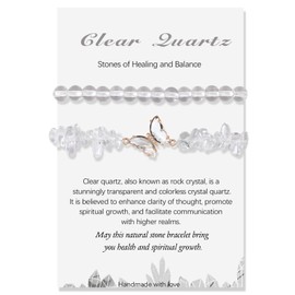 2 Stück Verstellbare Schmetterlings Klare Quarzarmbänder für Damen, 8mm Natürlicher Transparentes Edelstein Armband Schmuck für Muttertag Geburtstag Valentinstag Weihnachten Geschenke (Klare Quarz)