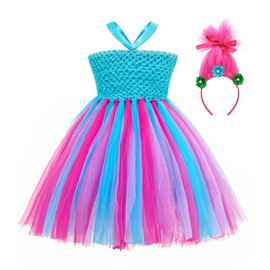 TYHTYM Girls Handmade Tutu Dresses Blue Tulle Clothing Princess Poppy Cosplay Birthday Christmas Party (Blue, 4-5T)