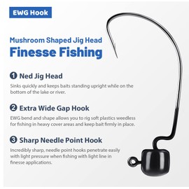 MadBite Paquete de 24 Ganchos Ned Rig para Plantilla, Ganchos EWG para Plantilla de Hongos, 1/8 onzas, Color Negro