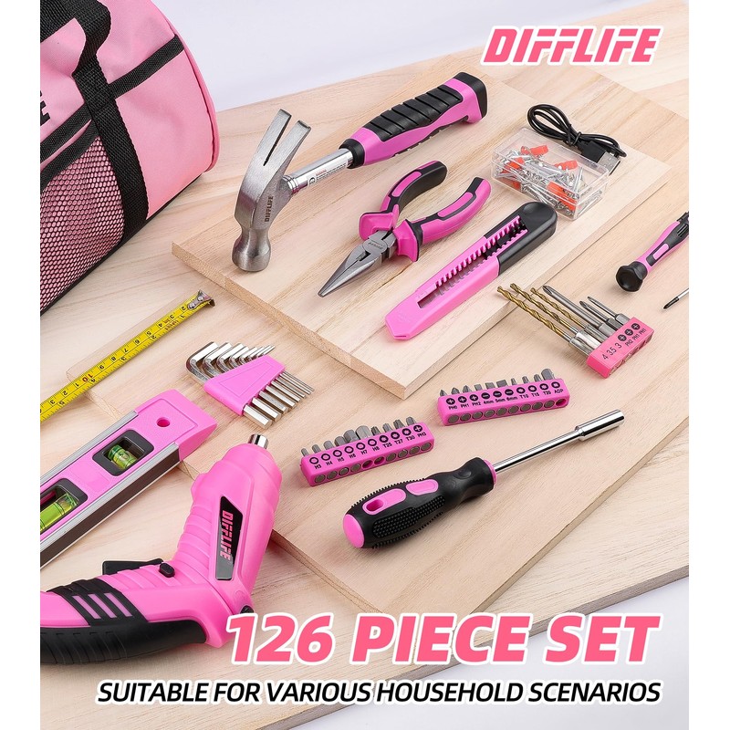 DIFFLIFE Pink Tool Set for Women, 126-Piece Lady's Power Screwdriver