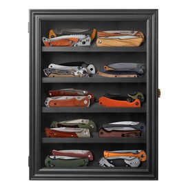 ZAYALI Pocket Knife Display Case for Wall, Pocket Knife Stand for Collections with Uv Protection Acrylic Lockable, 5 Rows Military Folding Knife Stand with Removable 2 Grooves Shelves Black
