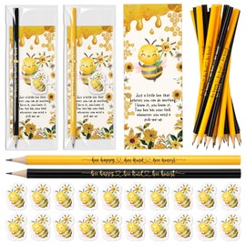 AmazingSpark 50 Set Bee Themed Back to School Gifts Bulk Bee Pencils, Erasers and Motivational Cards Teacher Must Have Classroom Students Reward Set First Day of School Party Favor