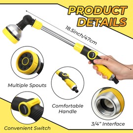 Hushee 4 Pcs Garden Watering Wand, 18.5 Inch Hose Watering Wand with 180° Rotating Head, Thumb Flow Control, 8 Spray Patterns, Garden Hose Nozzle Sprayer for Lawn, Plants, Car Wash