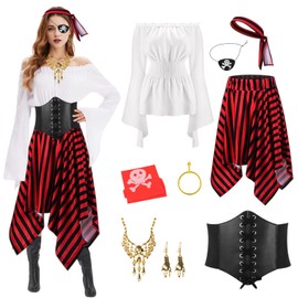 Antsparty Women's Pirate Costume, Medieval Viking Clothing with Headscarves, Necklaces, Earrings, Eye Masks, Medieval Pirate Costume, Women's Carnival Costume, Cosplay