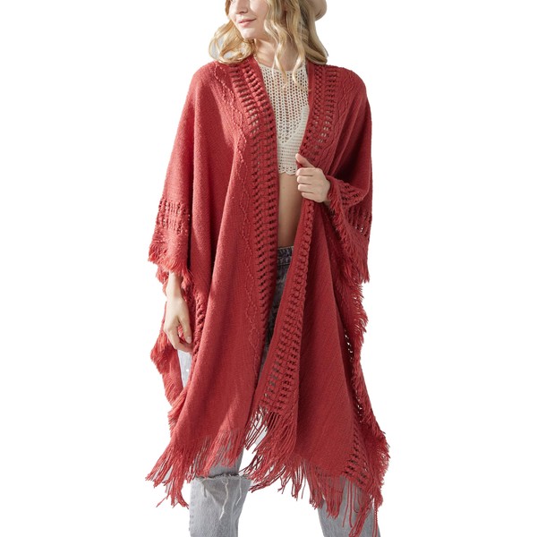 noflik Women's Boho Open Front Fringe Poncho Shawl Sweater Cardigan