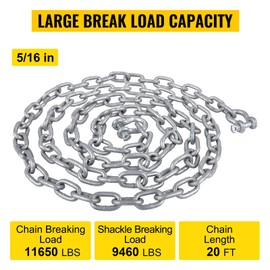 VEVOR Anchor Chain, 20' x 5/16" Galvanized Anchor Chain, Boat Anchor Chain with 3/8" Galvanized Shackles and 12" Extended Anchor Lead Chain, Works with Different Anchors, Anchor Chains for Boats