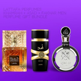 Lattafa Perfumes Khamrah + Asad + Fakhar men 100ml (3.4 Fl oz) Long Lasting Perfume - Value Bundle - Fragrance Gift Bundle niche  fragrances lattafa  fakhar