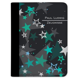 CreaDesign, Children's Certificate Folder with Name, Certificate Folder Stars Turquoise with 10 Transparent Pockets, A4, 26.7 x 32.7 x 1 cm, Black Spine