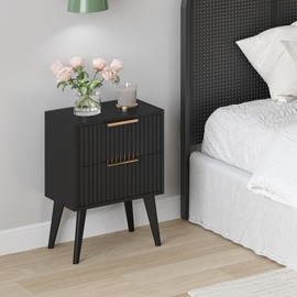 YAUKOMEL Fluted Nightstand with 2 Drawers,Modern Bedside Table with Metal Handles,White Side Table with Solid Wood Legs,Mid Century End Table for Living Room,Bedroom,Black CTG55BK