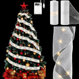 Tujoe 2 Rolls Christmas Mesh Ribbon Lights 10 Inch X 30 Feet 100 Led Christmas Tree Decor Ribbon Lights with Battery Operated USB Plug for Party Weddings Holiday Christmas Decoration(White)