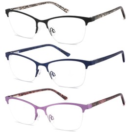 HOTJOJO 3 Pack Reading Glasses for Women, Metal Half Frame Blue Light Blocking Computer Readers, Filter UV Ray/Glare/Blue ray Women’s Eyeglasses with Pouches (175 Magnification Strength)