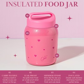 Paris Hilton Stainless Steel Food Jar, Double Wall Vacuum Sealed Insulated Food Storage Container with Carry Handle Lid, 24-Ounce, Pink with Heart Design