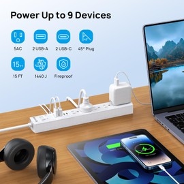 TROND 15ft Surge Protector Power Bar with 2 USB C, Flat Plug Extension Cord Indoor, 5 Outlet Splitters 3 USB Chargers, Wall Mount Travel Power Strip, Dorm Room Essentials, Office Desk Accessories