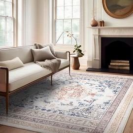 Ashler Area Rugs 5x7 Feet Vintage Boho Rugs for Living Room, Machine Washable Area Rugs with Non-Slip Backing, Indoor Rug Vintage Bohemian Area Rug Home Decor, Beige/Pink/Indigo-Blue