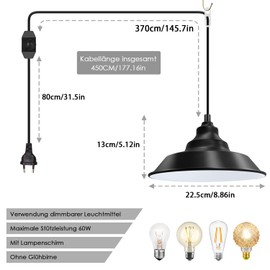 Metal Pendant Light Kit with Switch, Vintage Pendant Lamp with Plug Lamp Holder E27 with 450 cm Cable Pendant Light Loft Chandelier Black Lamp with Plug Max. 60 W (with Lampshade