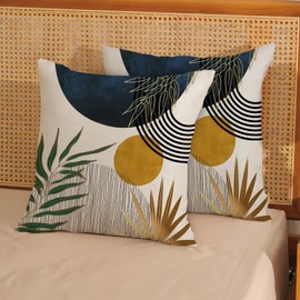 DAFENA Navy Blue Yellow Boho Pillow Covers 20x20 Inch 2 Pcs Tropical Leaf Mid Century Outdoor Decor Throw Pillows Modern Geometric Farmhouse Decoration Pillowcase Linen Cushion Cover for Couch Sofa