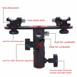 EXMAX E2 Adjustable Double Flash Bracket Dual Hot Shoe Speedlight Stand Umbrella Holder Light Stand Bracket Mount 1/4" to 3/8'' for Studio Video DSLR Camera