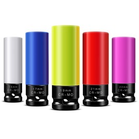 BOEN 1/2" Drive Wheel Protector Impact Socket, Non-Marring Lug Nut Thin Wall Deep Socket Set, CR-MO, 6 Point, Color-Coded Protective Socket | Metric 15 17 19 21 22 mm (5 PCS)