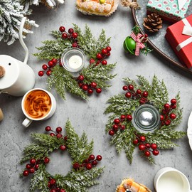 Christmas Candle Rings Artificial Red Berries and Pinecones Candle Rings Wreaths Decor Candle Rings for Pillars Rustic Wedding Centerpiece Christmas Table Decoration for Front Door (4 Pieces)