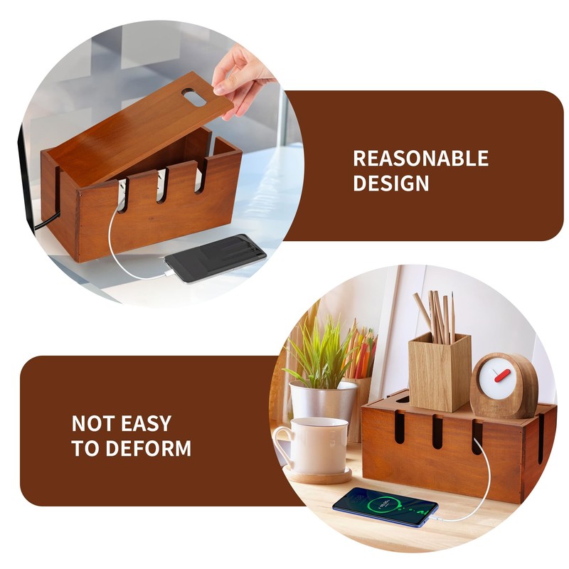 Axincardarm Wooden Cable Management Box Wood Cable Storage Organizer, Desk