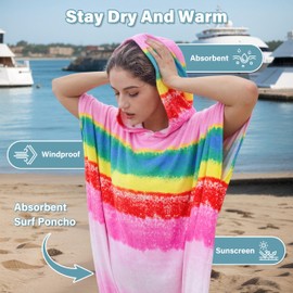 Kato Tirrinia Surf Poncho Changing Aid Beach for Men and Women, Bath Poncho with Hood, Absorbent, Windproof, Towel Poncho as Changing Aid for Surfers, Swimming, Camping, Sauna, Bathing, Rainbow