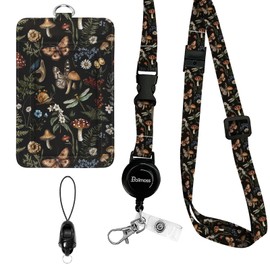 bolimoss Mushroom Lanyards for Id Badges, Cute Badge Holder with Retractable Reel Clip, Leather Work Name Tag Breakaway Lanyard Vertical ID Card Protector Case for Women Nurse Doctor Teacher Student