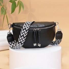 YISUOHOOM Bum Bag Women's Black Stylish Chest Bag Crossbody Bag Women's Wide Strap Vegan Leather Credit Card Pack, Black-v1, Fashion Waist Bags