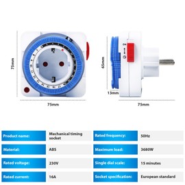 DEWIN Mechanical Timer Switch Outdoor 16 A 24 Hours Timer Socket 96 Switching Segments Programmable Mechanical Switch Socket with Indicator Light AC 230 V