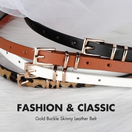 JASGOOD 4 Pack Women Skinny Leather Thin Belt Waist Belt with Gold Buckle for Jeans Pants Dress（Black+Brown+White+Leopard，Suit for Waist Size 30"-36"）