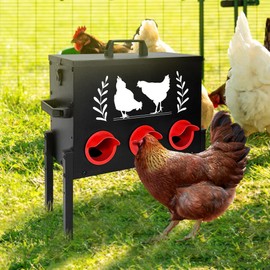 Chicken Feeders, 30 lb Capacity 6 Port Automatic Chicken Feeder, Metal Chick Feeder with Locking Lid and Legs, Chicken Feeder for Chickens, Ducks, Geese(Black)