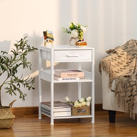 Lerliuo White Printer Stand with Fabric Drawer, 3 Tier Industrial Side Table, Modern Small Printer Desk Holder with Storage Shelf,Multi-Functional Bedside Tables for Home Office Fax Machine Scanner
